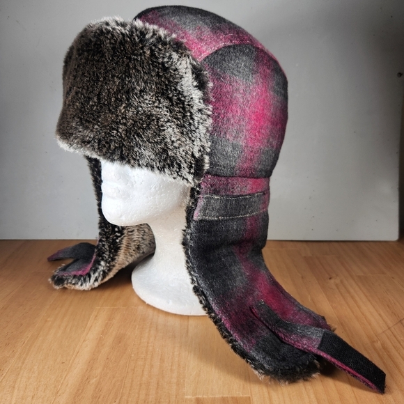 unbranded Accessories - Trapper Hat Women's One Size Pink Black Wool Blend Plaid Faux Fur Winter Lined
